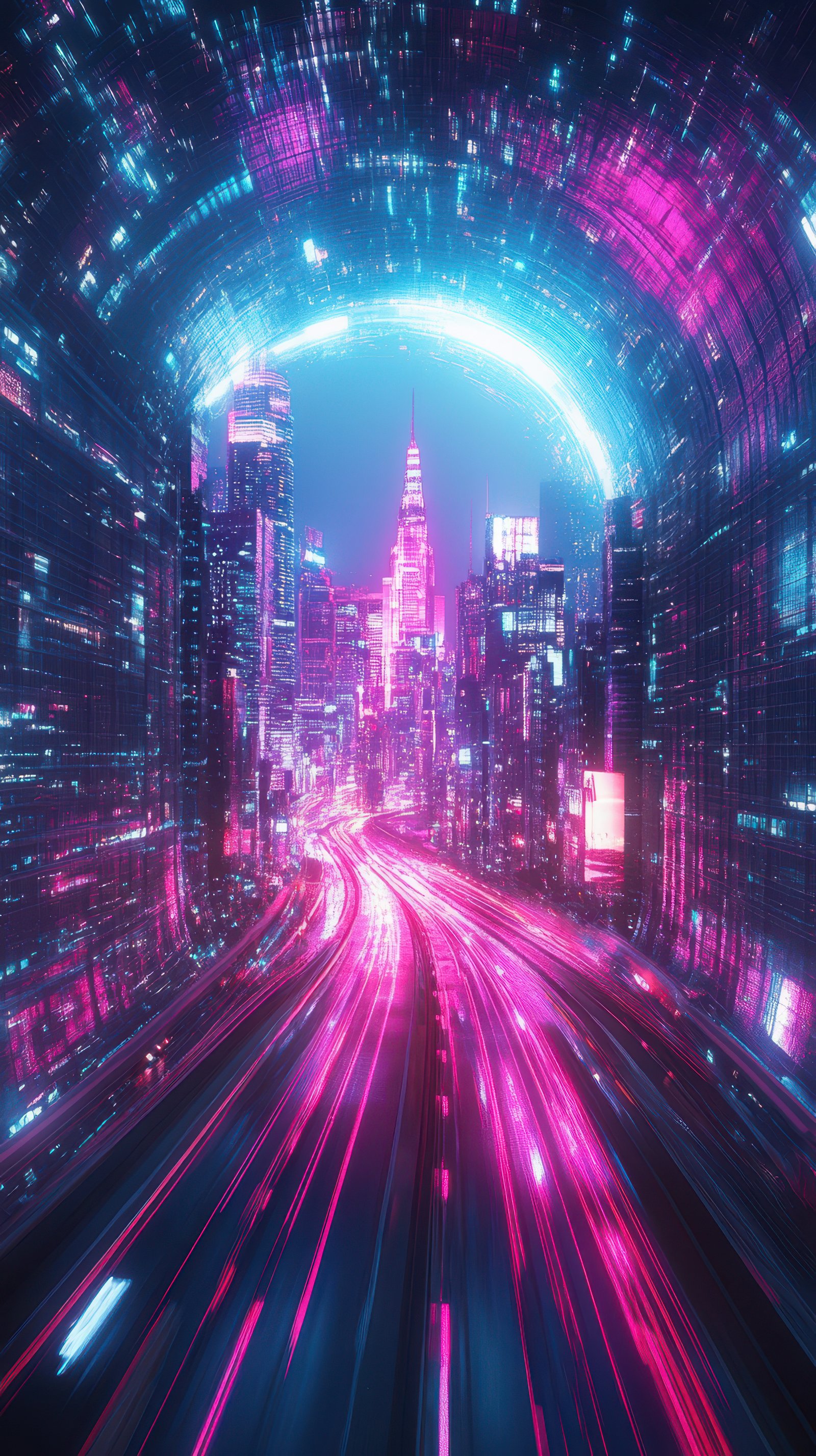 Dynamic view of a futuristic cityscape at night with neon lights illuminating rapid traffic flow